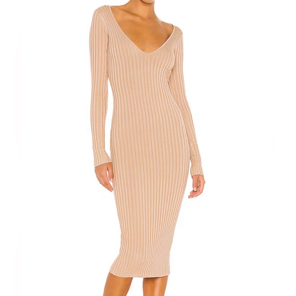 Revolve NBD Bekah Deep V Midi Dress in Nude